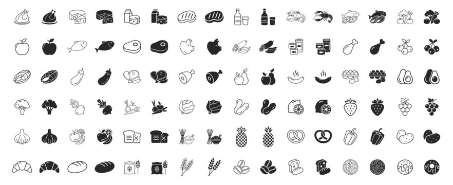Grocery food and product categories line icon set, fruits meat pasta beverages snacks, editable stroke thin outline vector icons on transparent background
