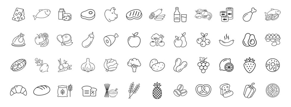 Grocery food and product categories line icon set, fruits meat pasta beverages snacks, editable stroke thin outline vector icons on transparent background