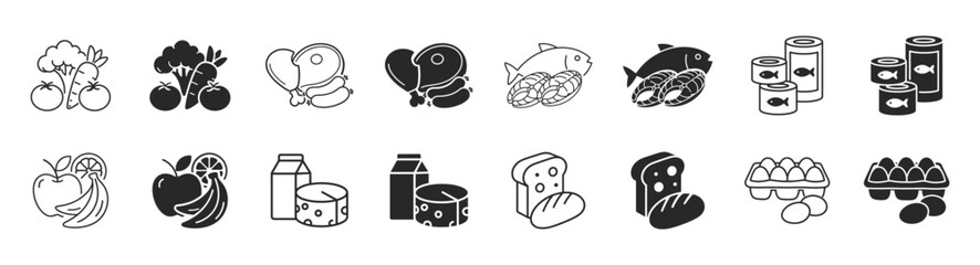 Fototapeta premium Grocery food and product categories line icon set, fruits meat pasta beverages snacks, editable stroke thin outline vector icons on transparent background