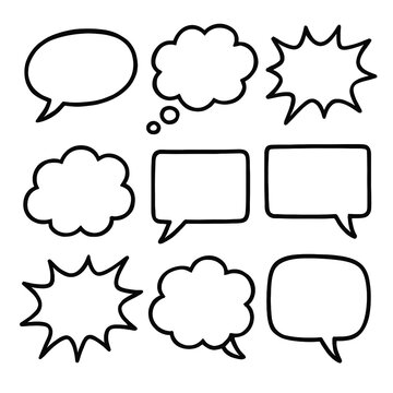 Hand-Drawn Speech Bubble Set; Black Outline Doodle Chat Clouds, Thought Bubbles, and Comic Scream Boxes; Minimalist Communication Icons for Design and Social Media