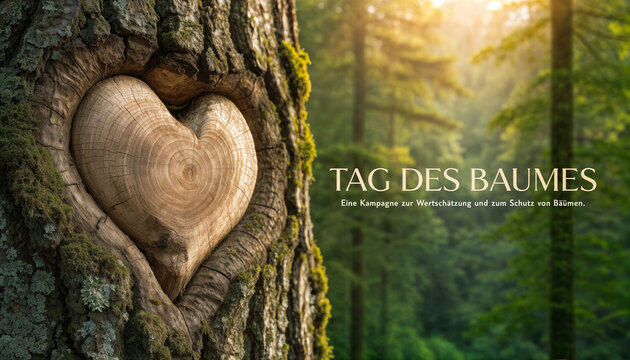 Tag des Baumes Kampagne mit Herzf&ouml;rmigem Holz im Baumstamm im Wald bei Sonnenlicht