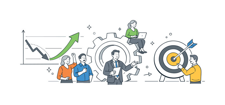 Business turnaround and performance improvement in a corporate environment where teams overcome decline and achieve growth through new strategies, visualized through two