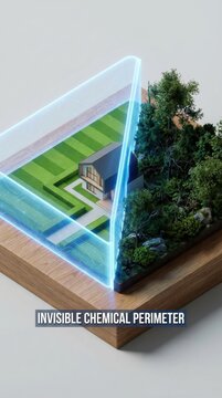 Holographic shield separates modern house from forest. Represents advanced pest control and chemical perimeter defense. Useful for residential security and extermination marketing.