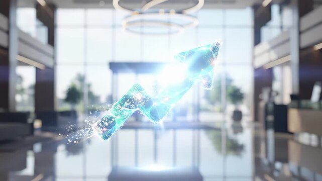 Digital growth arrow with polygon network floating in corporate office lobby. Business finance and investment performance rise indicator in luxury commercial building interior. Technology and economic