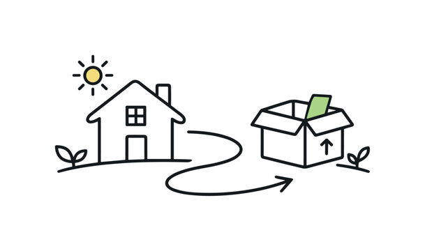 New beginnings and life transition in a fresh environment, a house icon paired with a moving box and a subtle path line symbolizing change and relocation, expressing