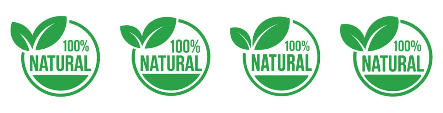 four green 100 percent natural badges for eco-friendly organic branding on white background