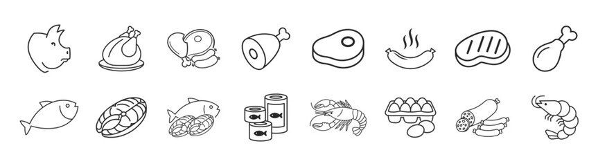 Meat, poultry, fish and eggs line icon set, livestock and protein food products, beef, chicken, milk, grocery menu design, farm branding, supermarket signage on transparent background © Ira
