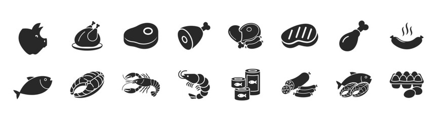 Meat, poultry, fish and eggs line icon set, livestock and protein food products, beef, chicken, milk, grocery menu design, farm branding, supermarket signage on transparent background © Ira