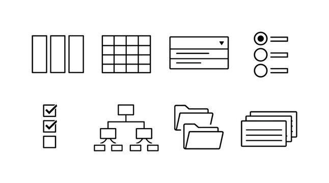 Data organization tools: columns layout, table grid, dropdown menu, radio buttons, checkbox group, hierarchy tree, folder structure, index cards.