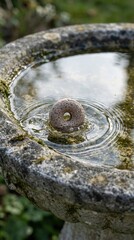 Naklejka premium A mosquito larvicide dunk creates ripples as it drops into a stone birdbath. Efficient pest control solution for standing water. Ideal for health and garden maintenance articles.