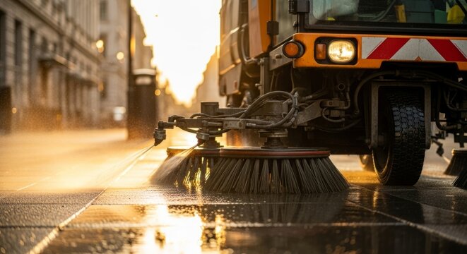 Street Sweeper Cleaning Pavement at Golden Hour