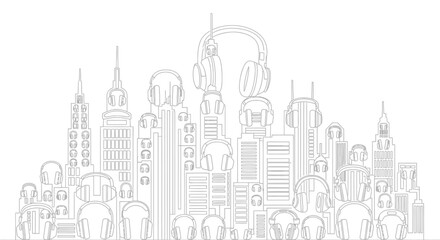 Fototapeta premium Headphones adorn a cityscape vector illustration for music and technology