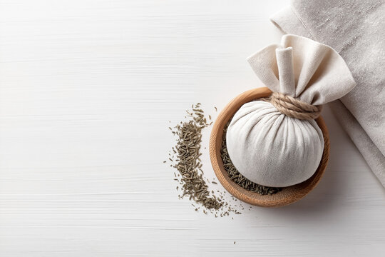 Traditional Thai herbal compress ball luk pra kob on white background, coarse cotton muslin fabric bound with twine, medicinal herbs inside, authentic spa tool