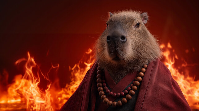 Capybara wearing weathered crimson warrior monk robes and wooden prayer beads standing stoic amid hellfire flames on solid dark orange background with coarse fabric texture and calm expression
