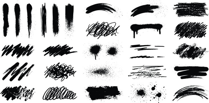 Black grunge brush strokes and paint splatter set featuring distressed ink textures charcoal scribbles spray paint drips and artistic smudges vector illustration collection