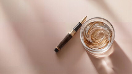 Naklejka premium fountain pen beside glass beaker with swirling translucent liquid on pale paper , longevity research and executive health 