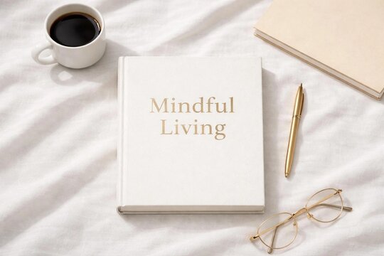 A minimalist flat lay with a 'Mindful Living' journal, black coffee, a gold pen, and glasses on a soft white bedsheet, evoking a sense of calm.