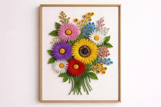 A beautiful 3D textile art piece featuring a colorful bouquet of flowers including a sunflower and daisies, displayed in a wooden frame.