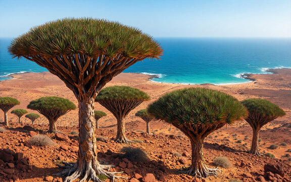 Dragon blood trees on Socotra Island, Yemen, with red rocky desert landscape and turquoise ocean