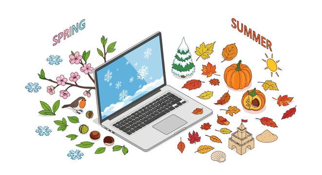 Laptop displaying seasonal elements with spring and summer visuals