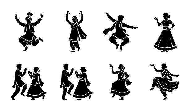 Indian folk dance silhouettes, traditional Punjabi Bhangra and Gidda dancers, set of 8 black vector icons, cultural celebration and festive performance graphics