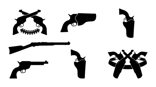 Wild West gun silhouette set, vintage revolver and rifle icons, western cowboy pistol and holster vector collection, antique firearm weapon graphics