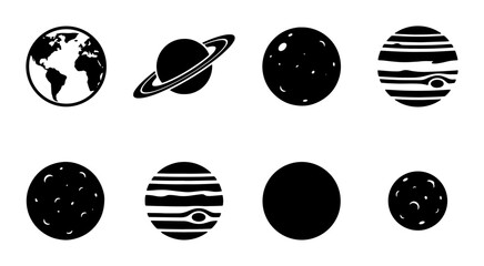 Minimalist solar system planet icons, black and white celestial body vector set, 8 space exploration symbols for educational infographics and science apps © Raju