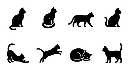 Black cat silhouette icons set, minimalist feline pet vector graphics, 8 domestic cat poses including sitting walking and jumping, animal silhouette collection © Samia