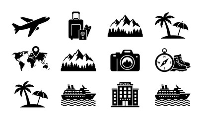 Naklejka premium Travel and tourism icon set, 12 black vector silhouettes for vacation planning, adventure and holiday symbols for web and print design