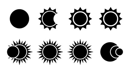 Minimalist solar eclipse phases vector set, black sun and moon celestial icons, astronomical lunar cycle silhouettes for science education © Rashidul