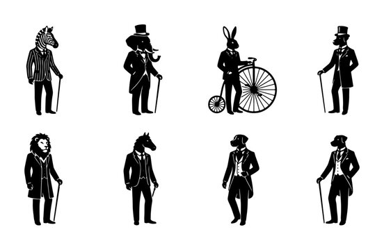 Vintage anthropomorphic animal gentlemen collection, 8 black and white Victorian style animal characters in suits, retro dapper animal silhouettes