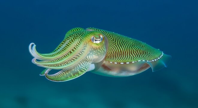 A vibrant green cuttlefish swimming in the deep blue ocean water with intricate patterns on its body