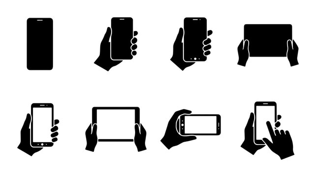 Minimalist smartphone and tablet silhouette icons, hands holding mobile devices vector set, touchscreen gestures and digital screen mockups