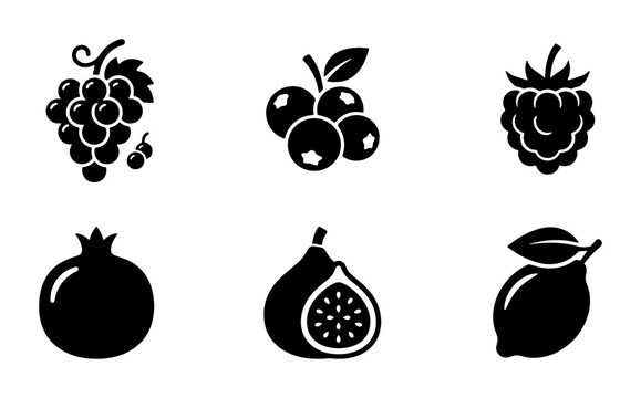 Minimalist fruit icon set, black solid vector silhouettes of grapes, blueberry, raspberry, pomegranate, fig and lemon, 6 organic food symbols