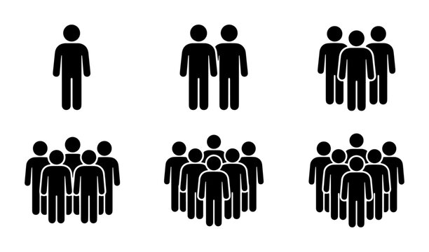 Minimalist people icons set, black silhouette human figures representing crowd and community, flat vector group of persons for infographics
