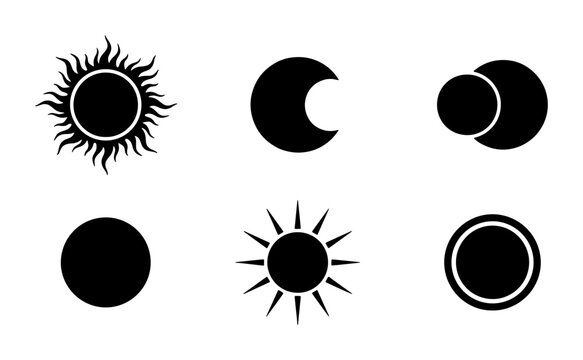 Celestial sun and moon vector icons set, black silhouette solar eclipse and lunar phases, minimalist astronomical symbols for logo design