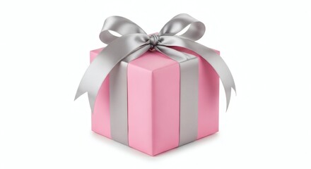 Fototapeta premium A beautifully wrapped pink gift box with a silver ribbon and bow on a white background