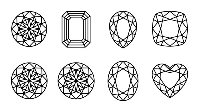 Diamond cut shapes vector set, 8 gemstone outline icons, jewelry design elements including round, emerald, pear, cushion, oval, and heart cuts