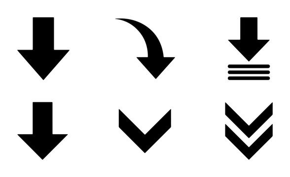 Black arrow icon set with 6 vector elements, minimalist directional pointers for navigation, download and scroll down symbols for web design