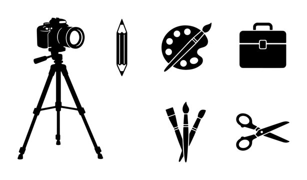 Creative profession icons set, black silhouette art and photography tools, digital camera on tripod and painting supplies, 6 vector design elements