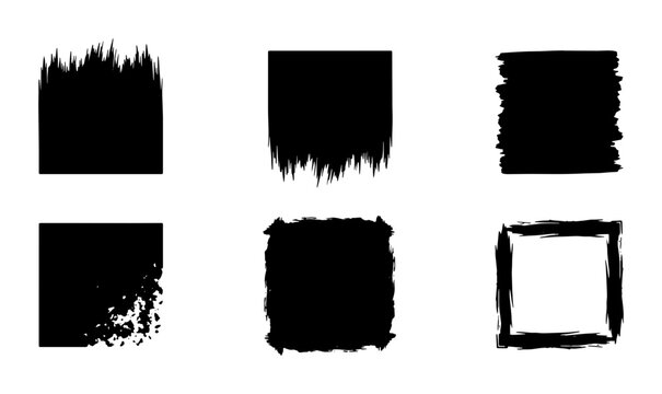 Grunge black ink brush strokes, set of 6 distressed square frames and paint textures, hand drawn artistic ink splatters and rough border vectors