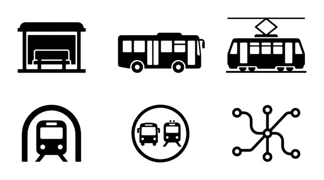 Public transport icon set, black silhouettes of bus and tram vehicles, subway station and metro map symbols, 6 vector elements for urban transit