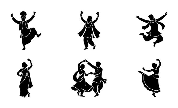 Indian folk dance silhouettes set, traditional bhangra and bollywood dancers vector, black cultural performance figures on white background