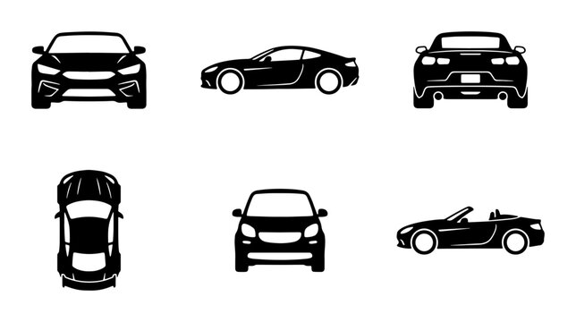 Modern car vector icons set, black silhouette sports car illustrations, automotive vehicle symbols in front side back and top view, 6 transport elements