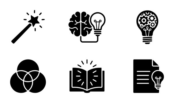 Creative thinking and innovation icon set, 6 black solid vector icons for brainstorming and ideas, lightbulb and brain symbols for business strategy