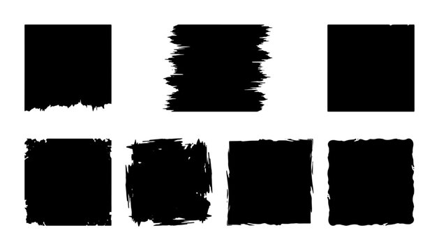 Grunge black ink brush stroke squares, set of 7 textured paint box vectors, hand drawn distressed square frames for artistic design layouts