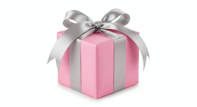 A beautifully wrapped pink gift box with a silver ribbon and bow on a white background