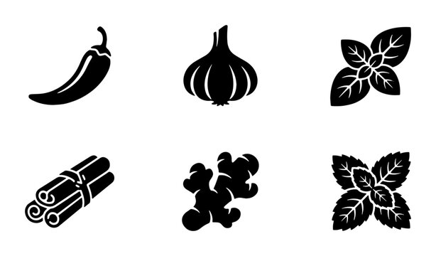 Culinary herbs and spices icon set, 6 black solid vector elements, chili pepper garlic basil cinnamon ginger and mint icons for food menu design