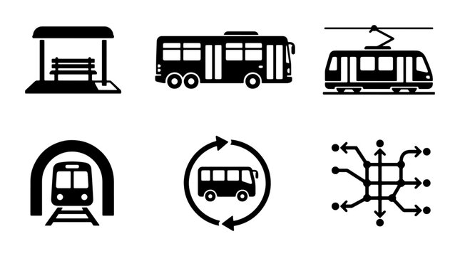 Public transport icon set, black bus and train vector symbols, urban transit and metro station graphics, 6 transportation elements for city maps