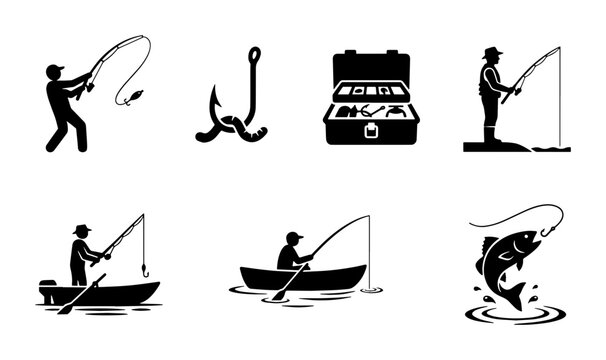 Fishing icons set with fisherman silhouettes, black vector pictograms of angling equipment, boat fishing and jumping fish on white background